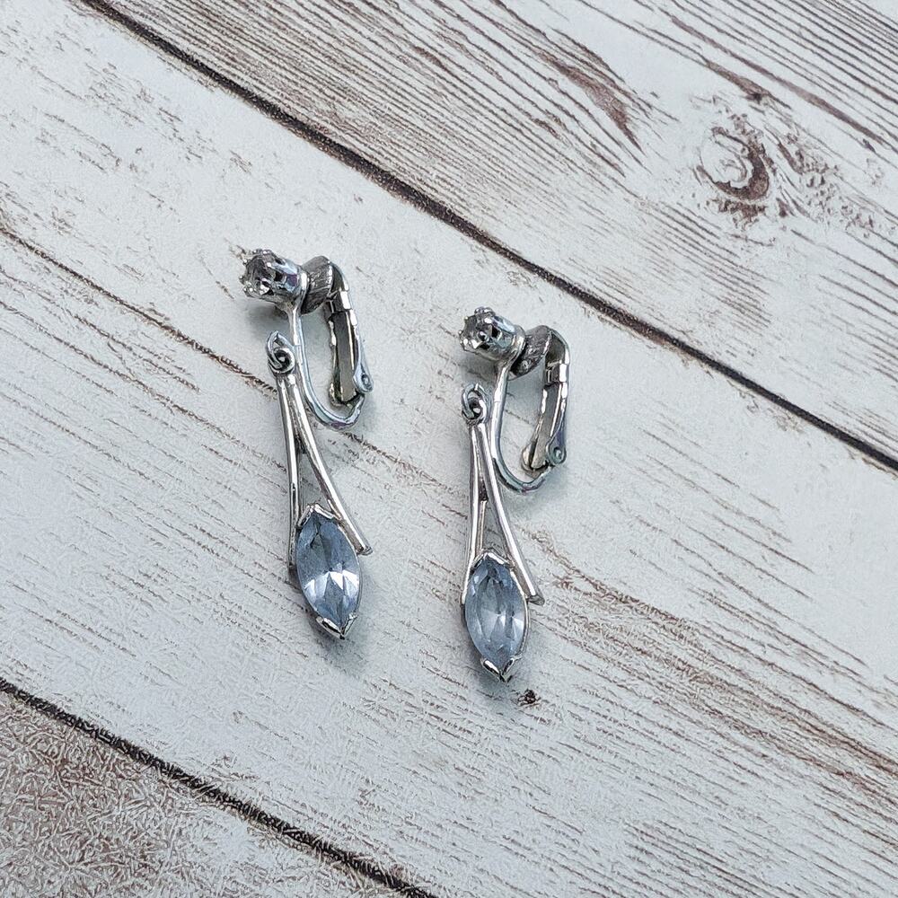 Vintage Avon Clip On Earrings - Silver Tone with Blue Gem Dangle